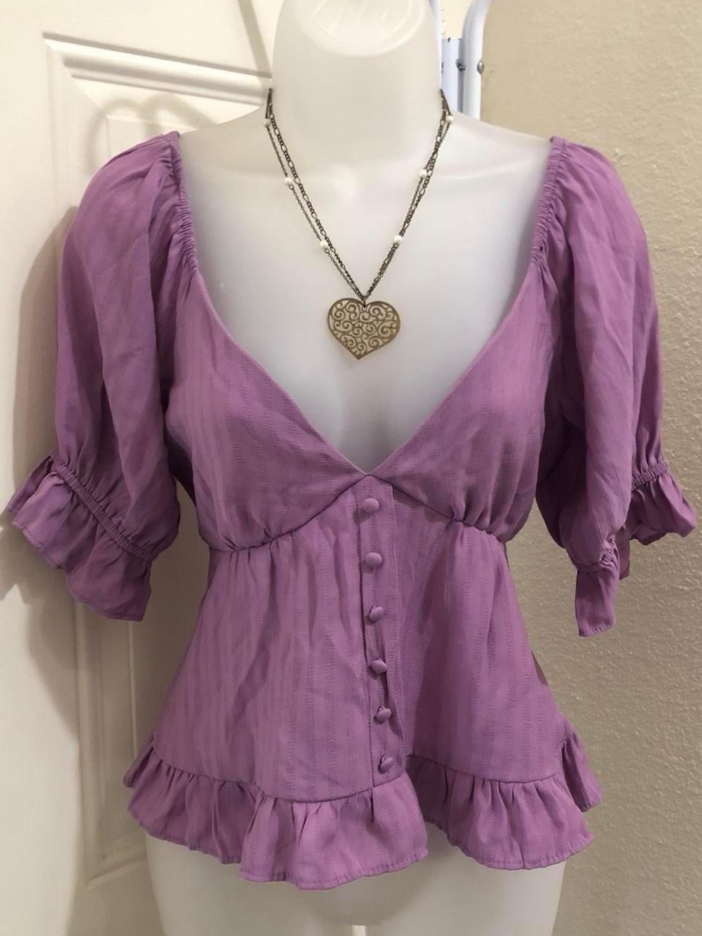 Babydoll Puff Sleeve Prairie Renaissance Purple Ruffle Top Shirt Blouse Modest S